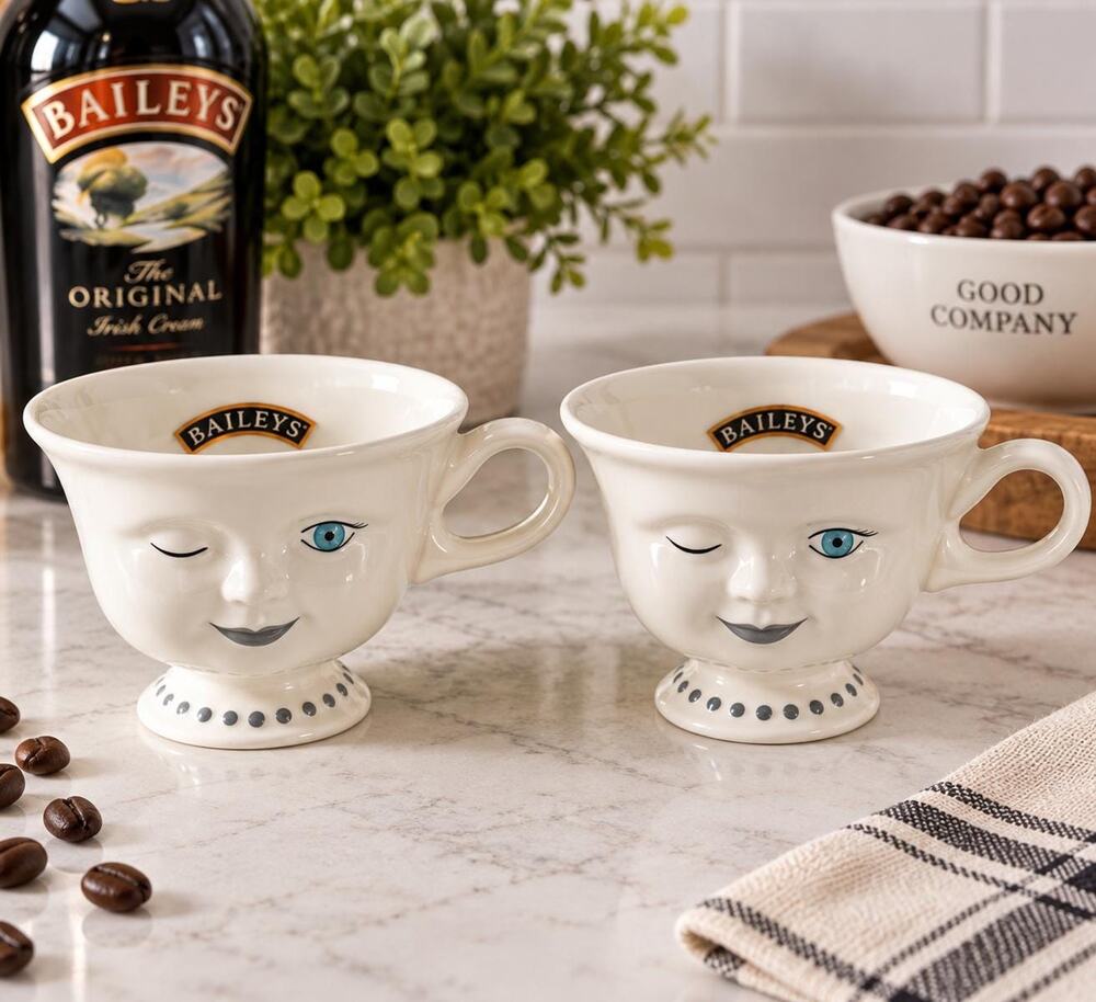 Vintage Baileys Irish Cream Winking Face Cups, 1990s Ceramic Barware Set (2)